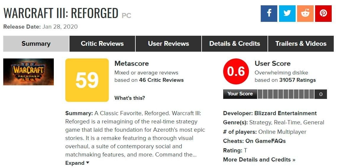 Warcraft 3: Reforged gets one of the lowest Metacritic user scores of all  time