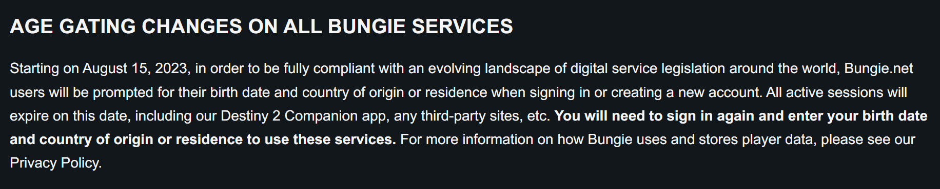 Destiny 2: Bungie Implements Age Gating on All Services