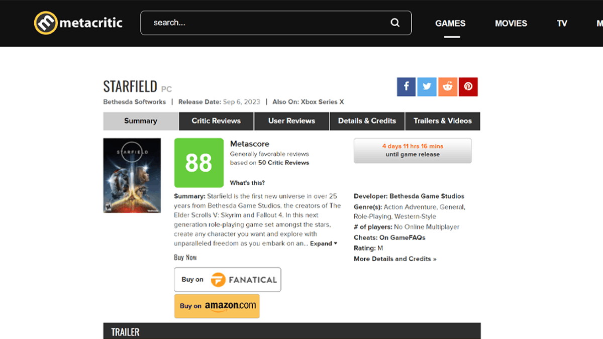 The Starfield Metacritic scores are in, and it's looking very good