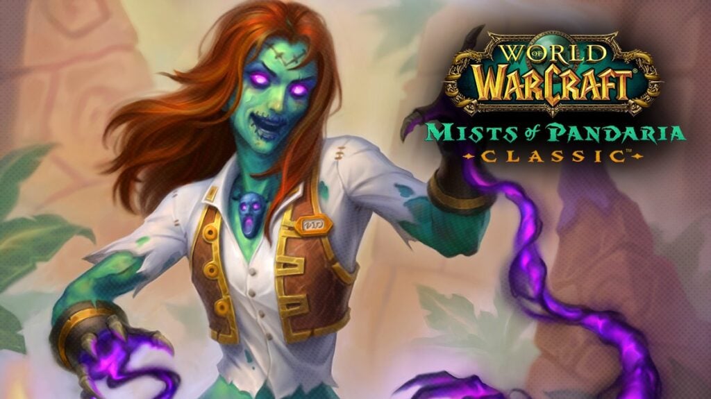 A Warlock Undead Pirate casting a malicious spell, with a Mists of Pandaria Classic logo.