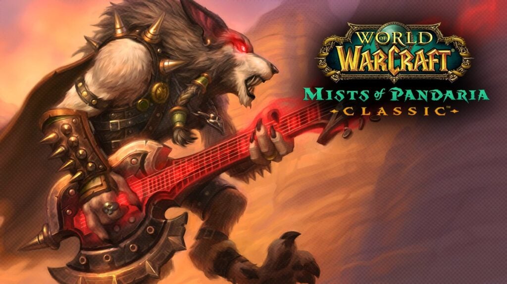 Worgen warrior playing a guitar-shaped axe in World of Warcraft Mists of Pandaria Classic Warrior BiS gear illustration.