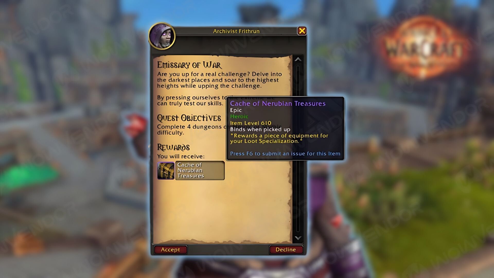 Emissary of War quest in The War Within: Archivist Frithrun