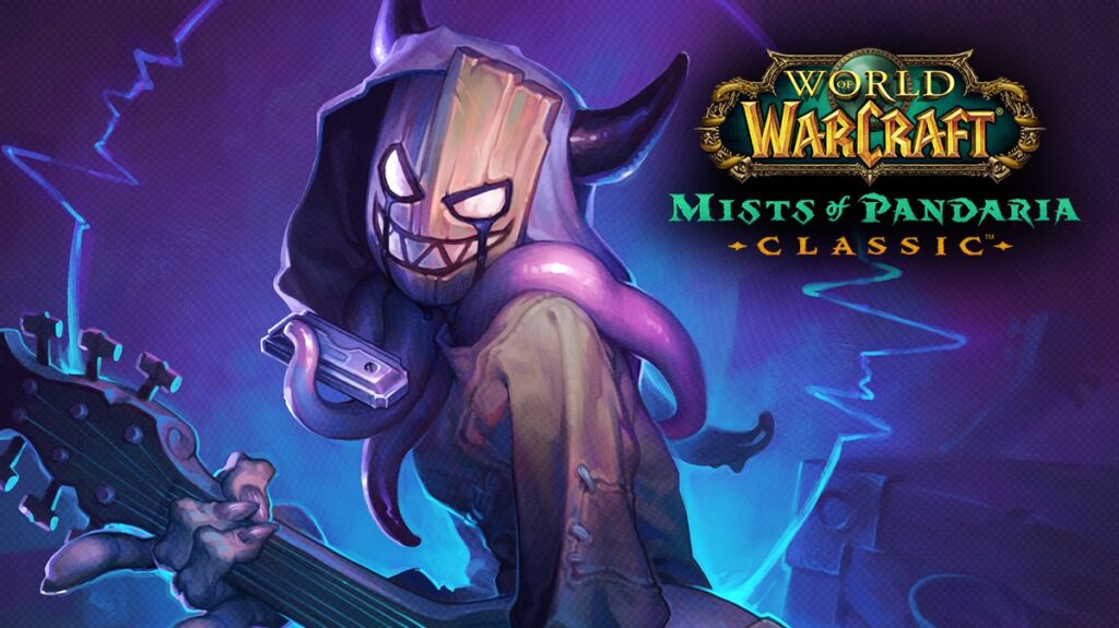 Stylized rogue with a mask and purple tentacles holding a guitar in World of Warcraft Mists of Pandaria Classic Rogue BiS gear art.