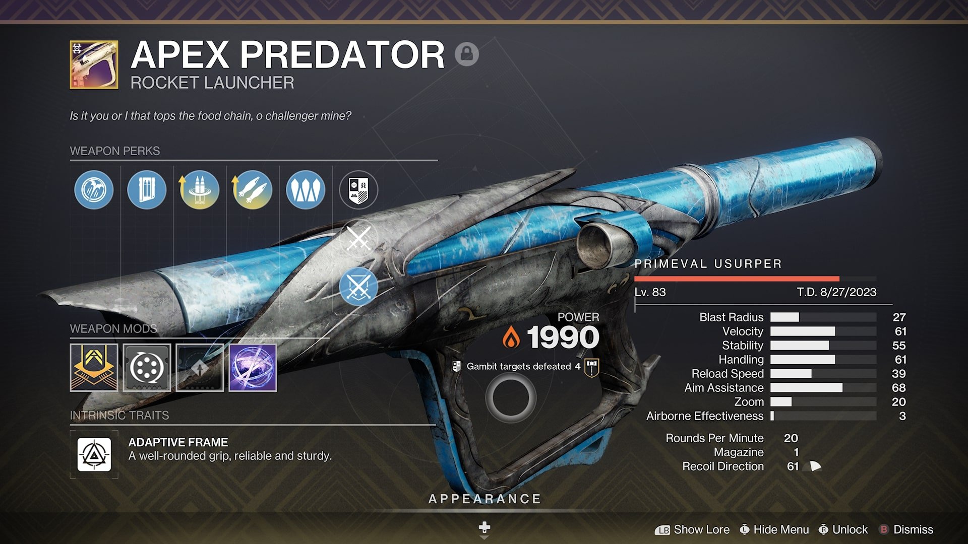 Apex Predator craftable rocket launcher