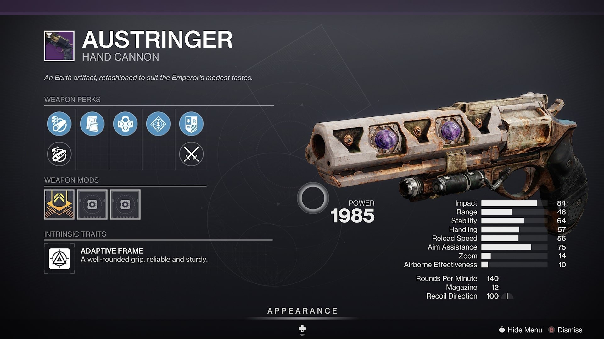 Austinger craftable hand cannon