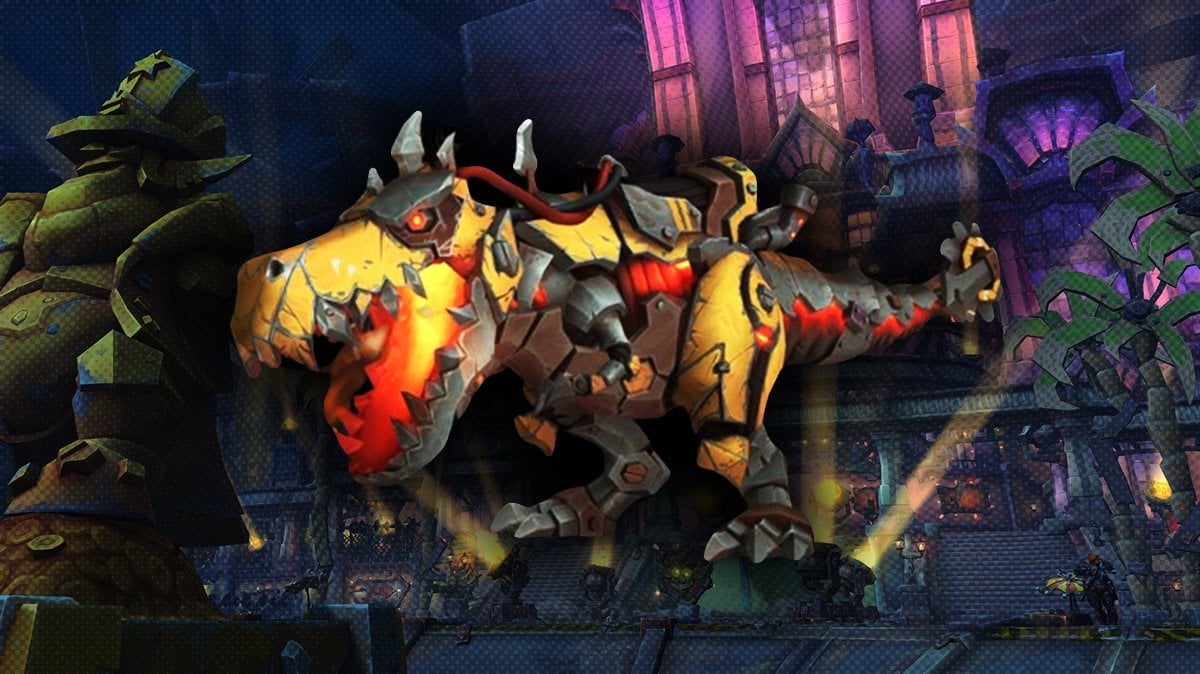 A mechanical dinosaur Furious Flarendo in fron of a screentoned background