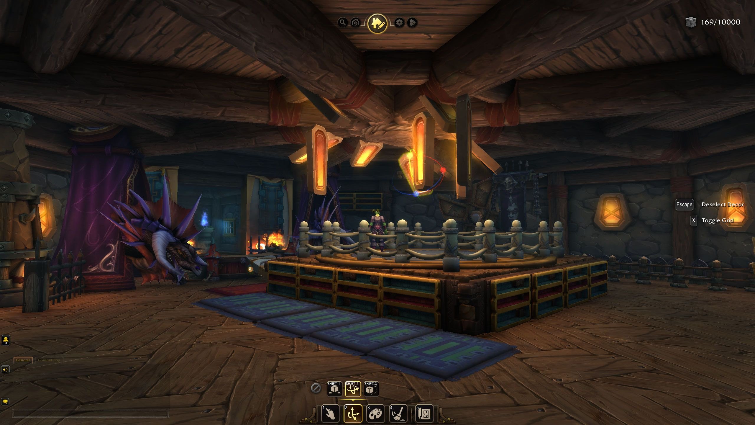 WoW Housing interior with custom decor, dragon trophy, glowing lights, and stage-like setup inside a cozy wooden player home.