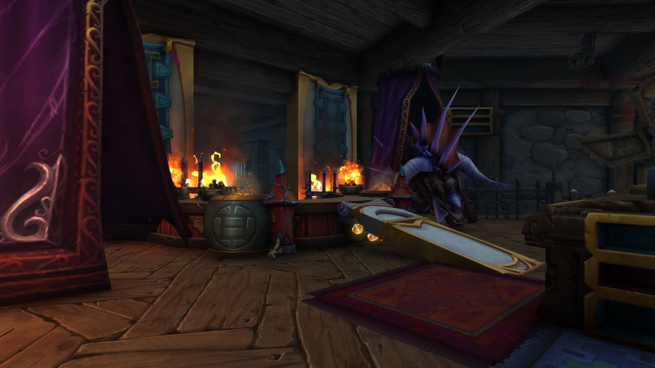 WoW Housing decorated interior with hanging banners, blazing fireplaces, and a dragon head centerpiece on display.