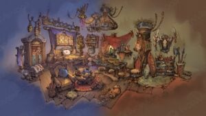 WoW housing interiors of both Alliance and Horde. The Alliance's one is with blue colorscheme, and the Horde's one is with red color scheme.