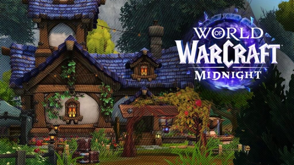 WoW Midnight player housing preview featuring a cozy blue-roofed home with lush garden and the World of Warcraft Midnight logo.