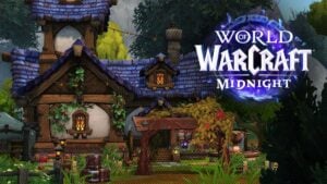 WoW Midnight player housing preview featuring a cozy blue-roofed home with lush garden and the World of Warcraft Midnight logo.