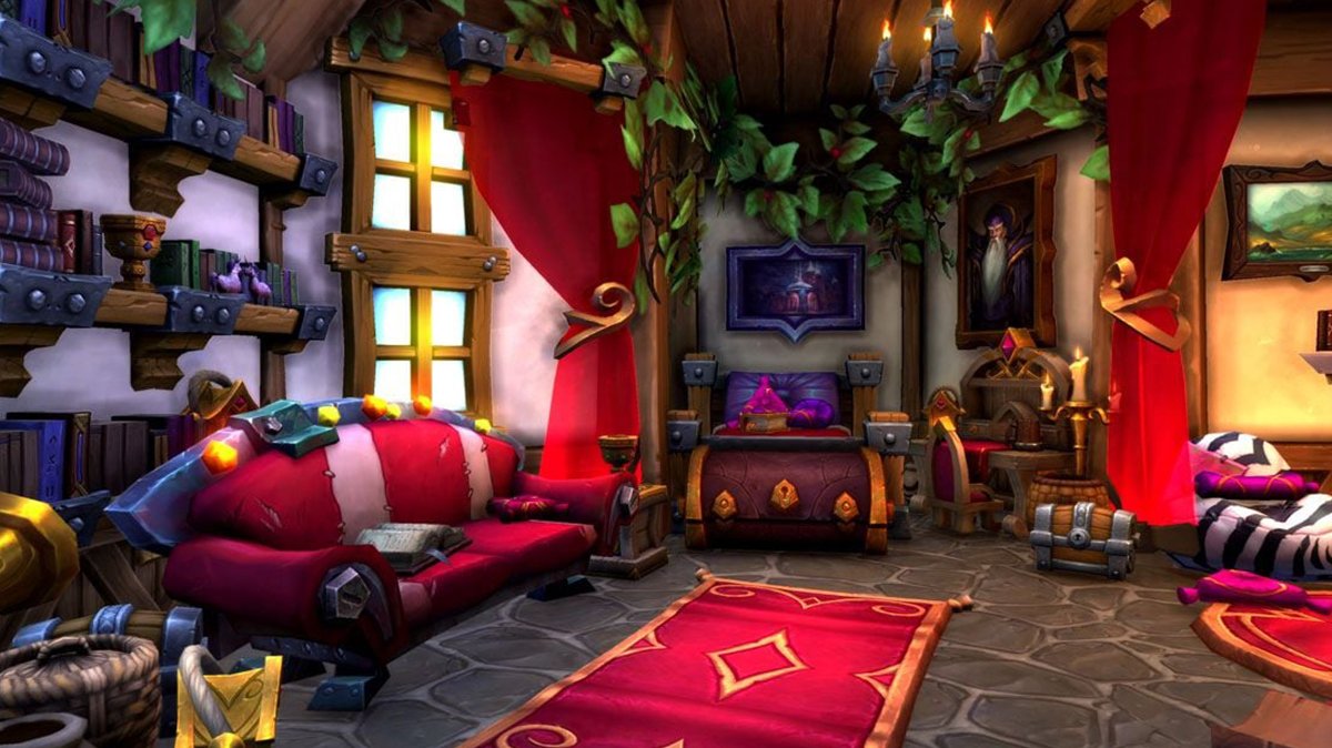 Colorful WoW Housing interior featuring bookshelves, red furniture, decorative vines, and cozy, fantasy-themed decor.