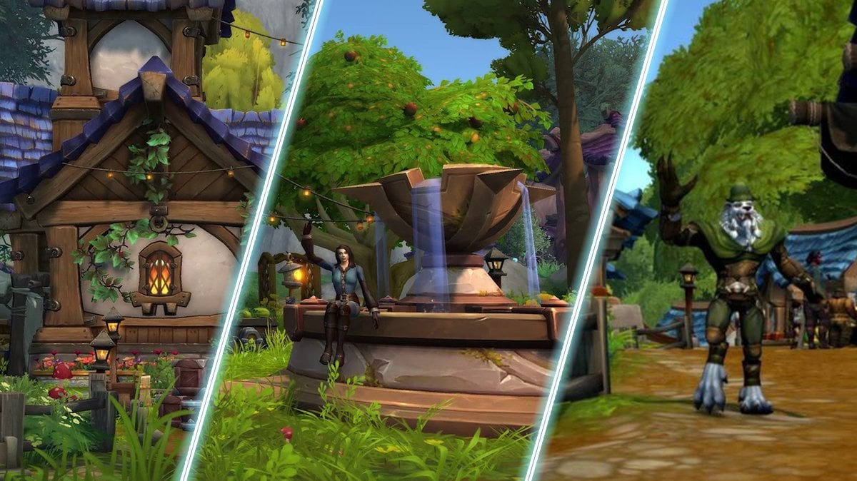 WoW Housing neighborhoods preview featuring cozy homes, decorative fountains, and vibrant outdoor environments.