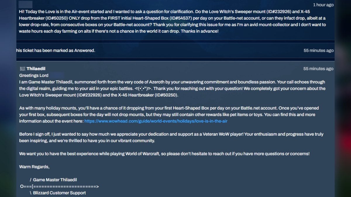 Love is in the Air, Blizzard statement