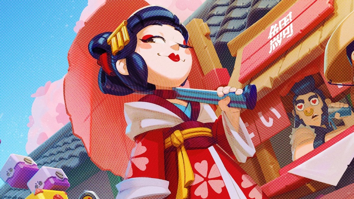 Stylized artwork from Brawl Stars featuring a geisha-themed character in a red kimono holding a fan.