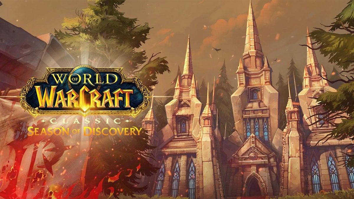 WoW SoD: Scarlet Monastery with a glowing Season of Discovery logo.