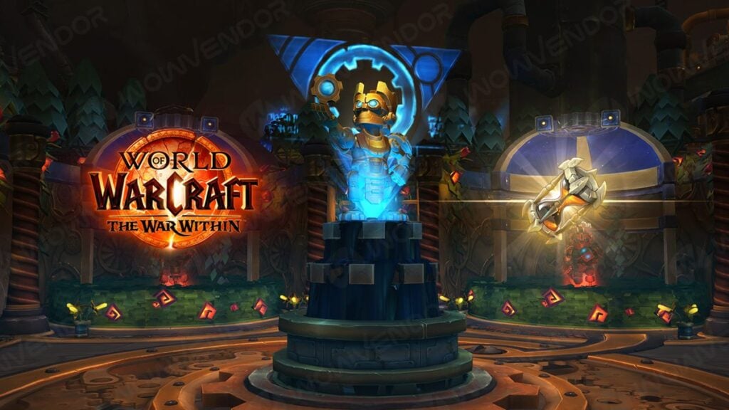 King Mechagon is in the middle, the logo of TWW is on the left, and the Keystone is on the right.