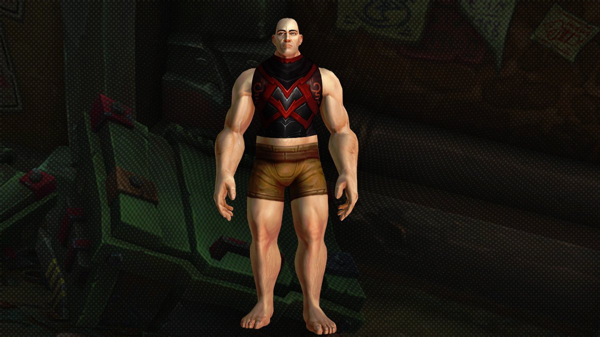 Bald man wearing Spare Uncrowned Vest (Red ornamentented sleeveless vest)
