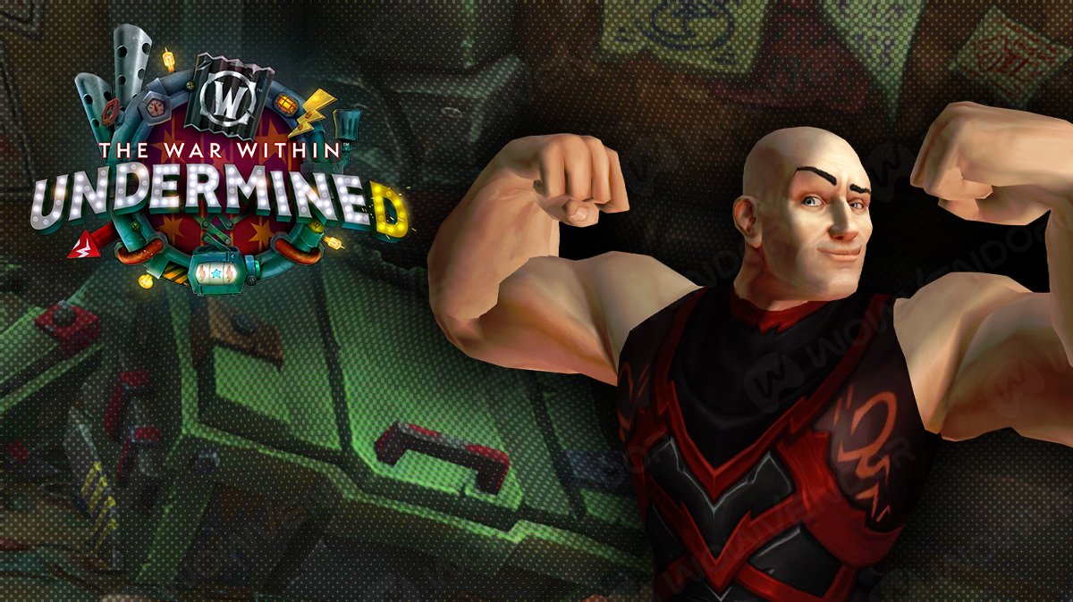 A bald man with red sleeveless shirt flexing, with patch 11.1 Undermine(d) update logo