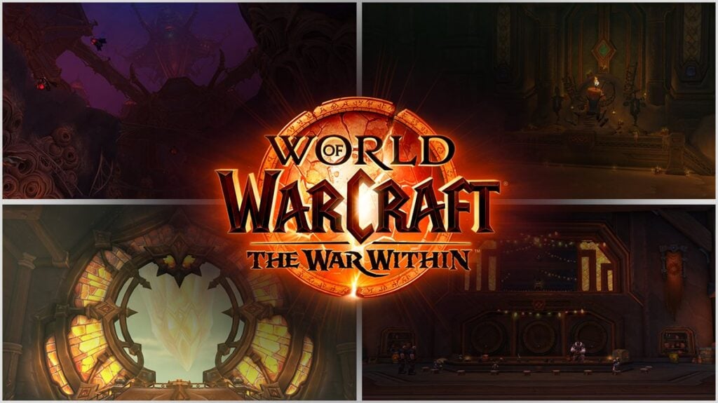 A collage of The War Within dungeons with The War Within logo