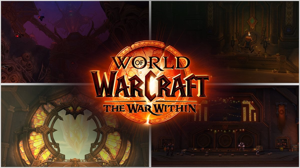 A collage of The War Within dungeons with The War Within logo