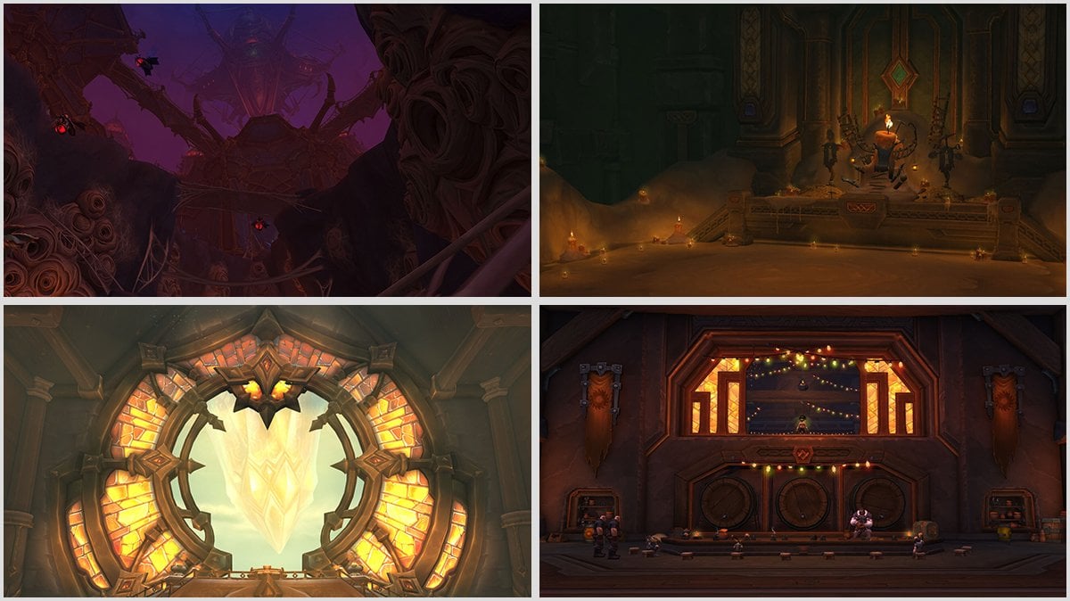 The collage of four The War Within dungeons: Ara-Kara, Cinderbrew Meadery, Priory of the Sacred Flame, Darkflame Cleft