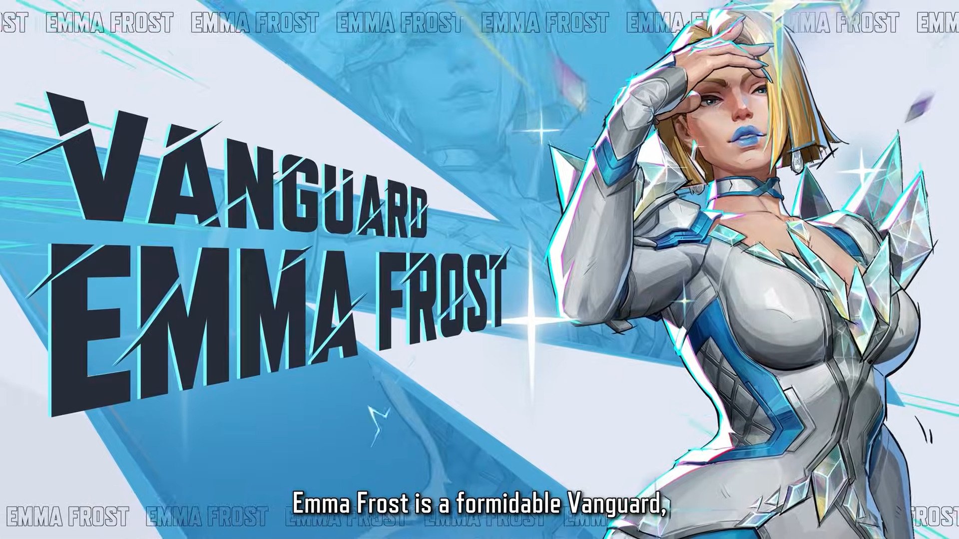 Emma Frost Marvel Rivals official intro with Vanguard text