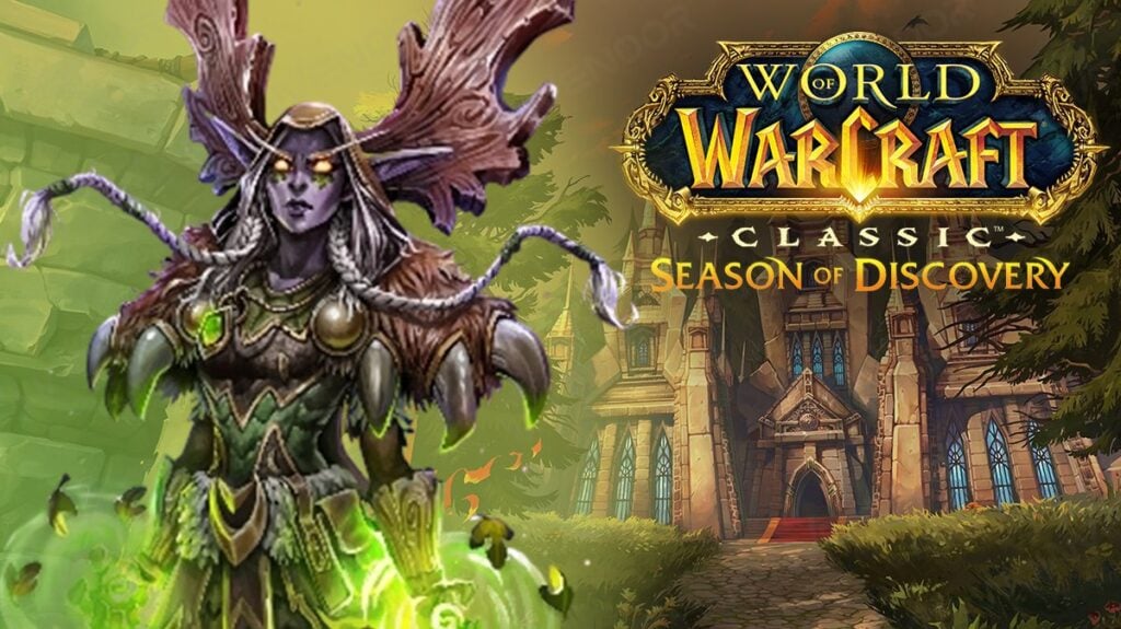 A Night Elf druid with moose horns posing in front of Scarlet Enclave raid with Season of Discovery logo at the up-right corner