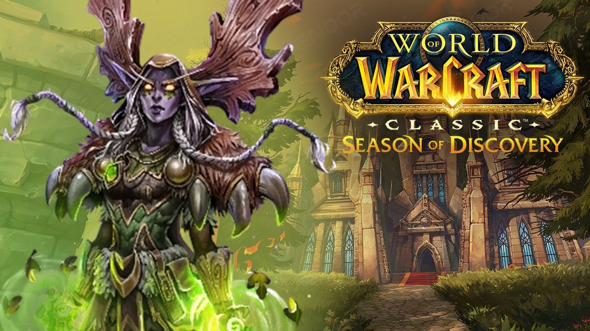 A Night Elf druid with moose horns posing in front of Scarlet Enclave raid with Season of Discovery logo at the up-right corner