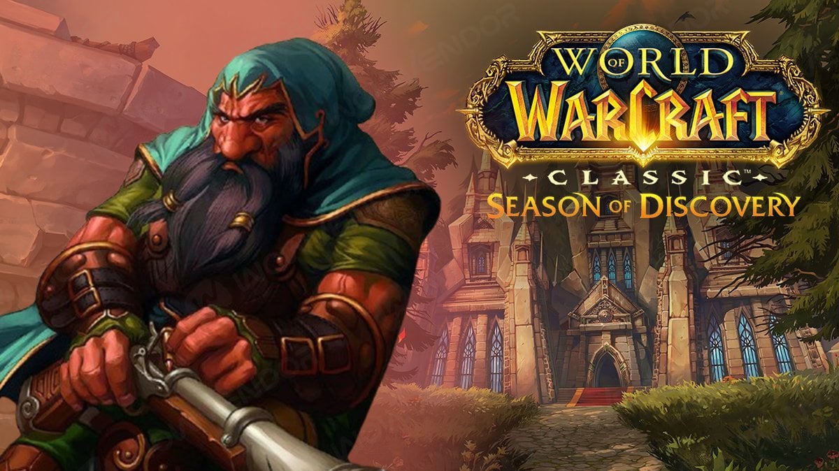 A dwarf with handgun posing in front of Scarlet Enclave raid with Season of Discovery logo at the up-right corner