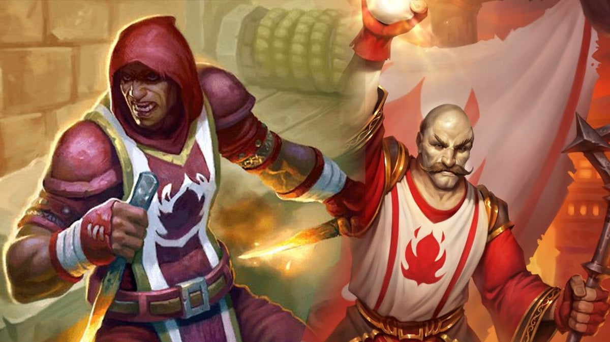 Scarlet Purifier Hearthstone art on the left with Crimson Clergy Hearthstone art on the right