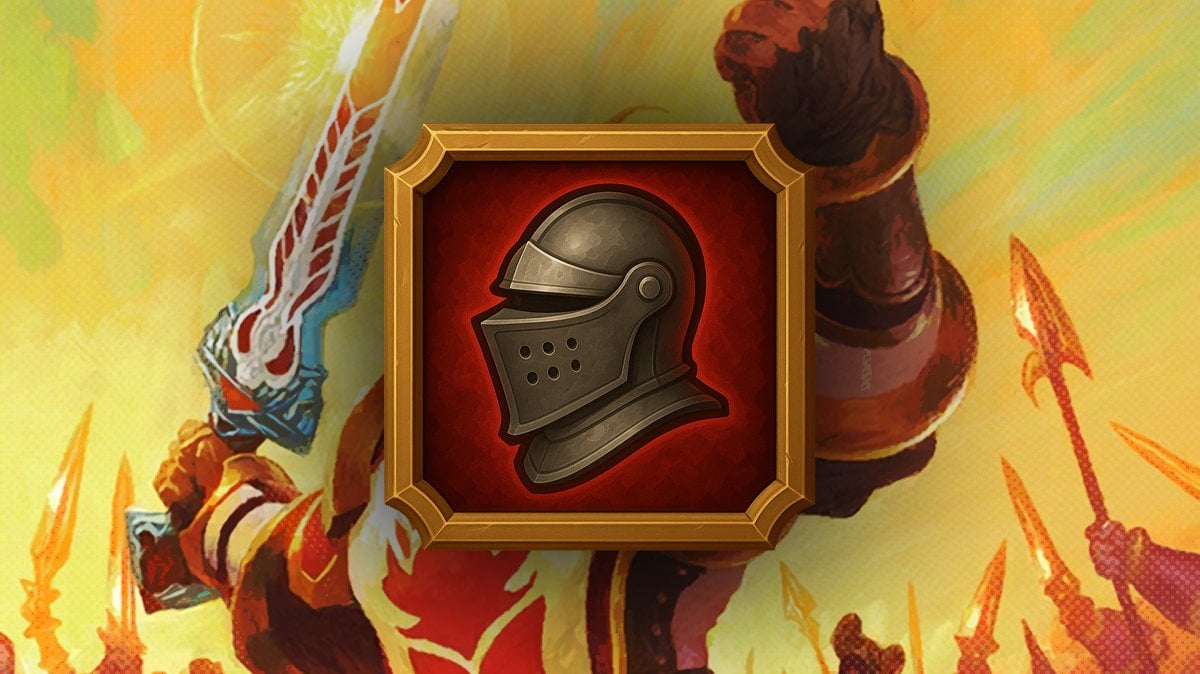 Taelan Fordring Hearthstone art with medieval helmet icon on top