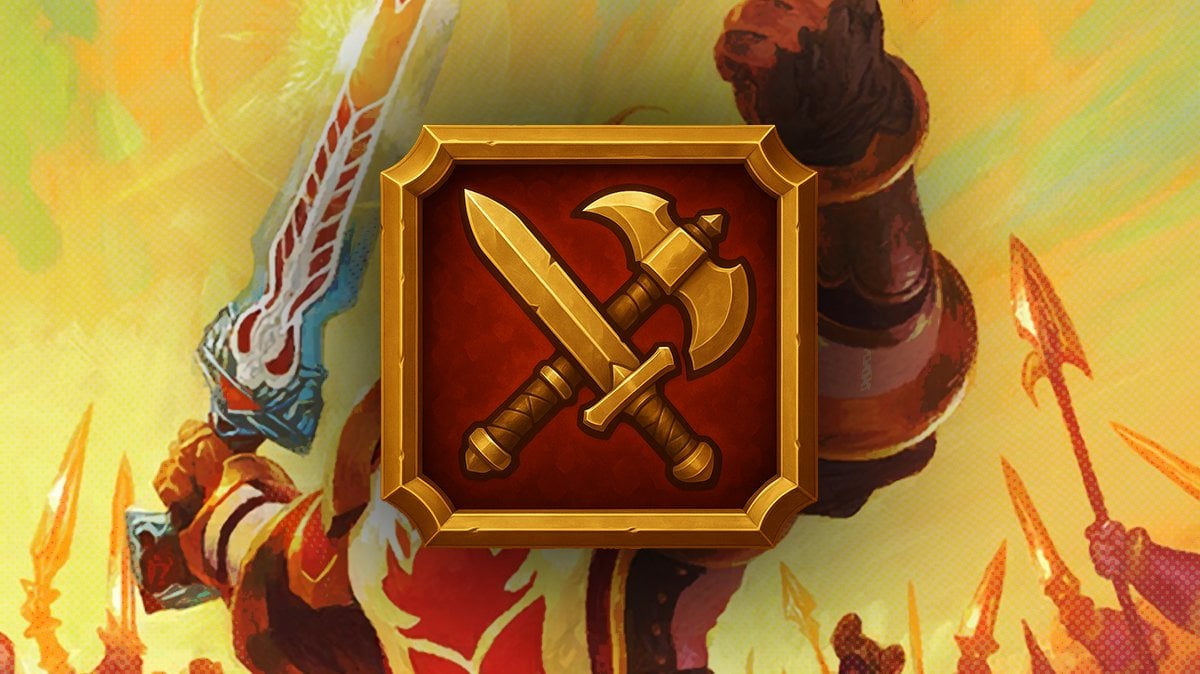 Taelan Fordring Hearthstone art with Weapons icon on top