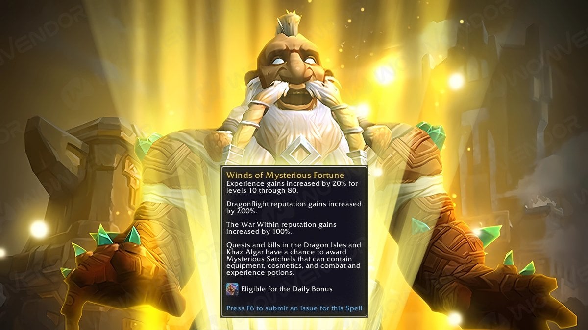 A smiling dwarf with a description box of the Winds of Mysterious Fortune buff in The War Within.