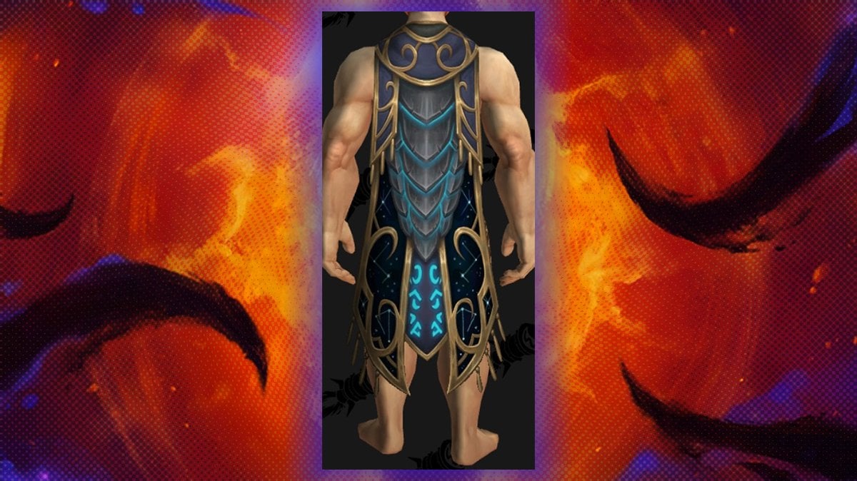 A long blue cloak with star elements to it and golden frames