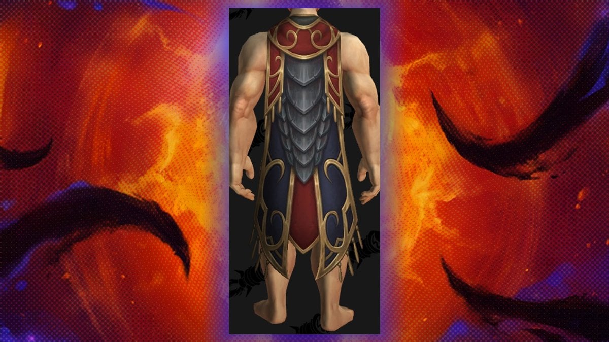 A long cloak styled with golden frames and black scales