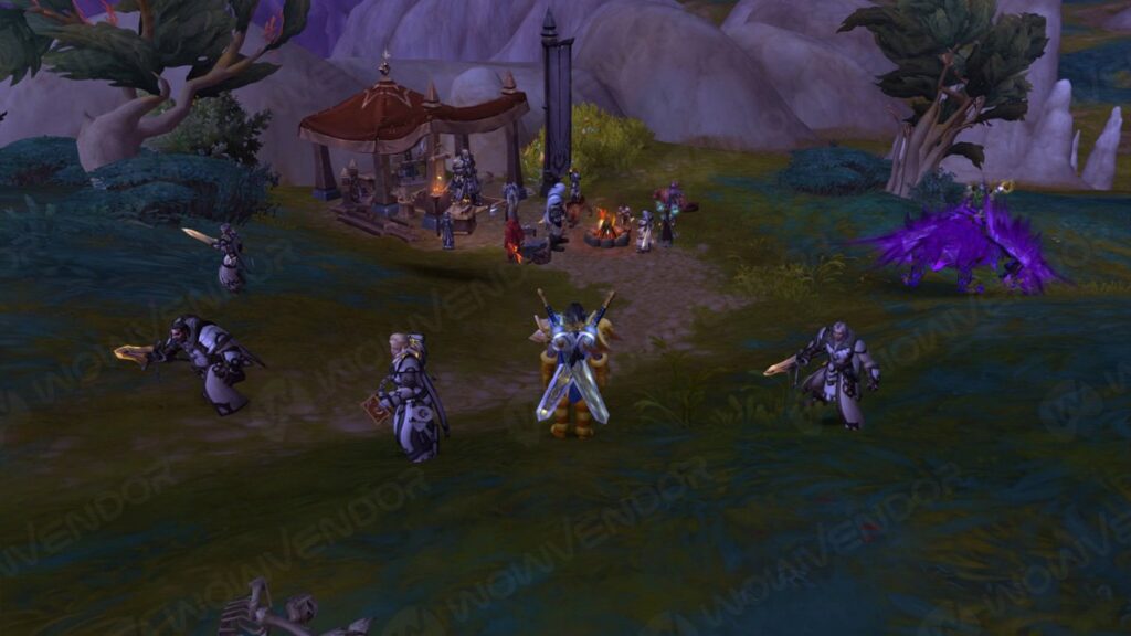 The Flame's Radiance members under a purple-lit sky in WoW.