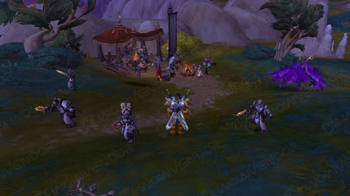 The Flame's Radiance members under a purple-lit sky in WoW.