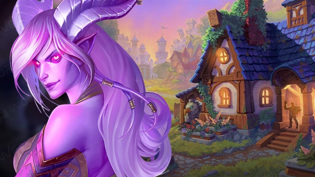 A Draenei stands near a house in WoW.