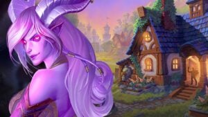 A Draenei stands near a house in WoW.