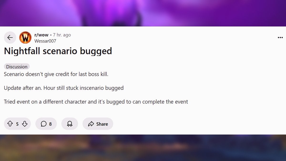 A player shares on Reddit that they're encountering the Nightfall bug in WoW.