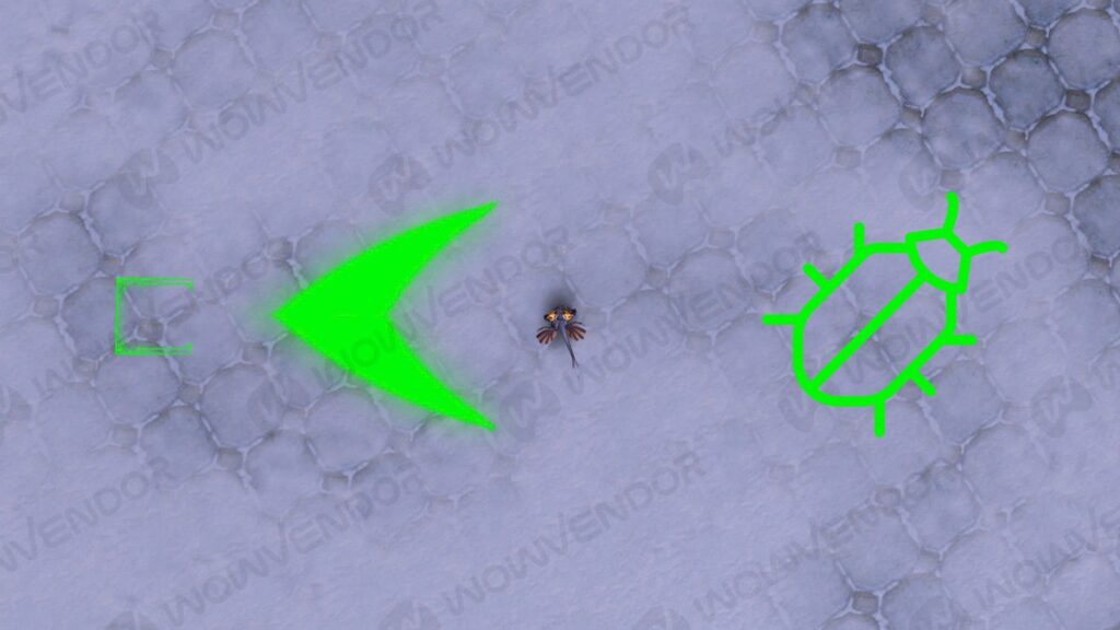 WoW green arrow bug is on the left, and a bug icon is on the right.