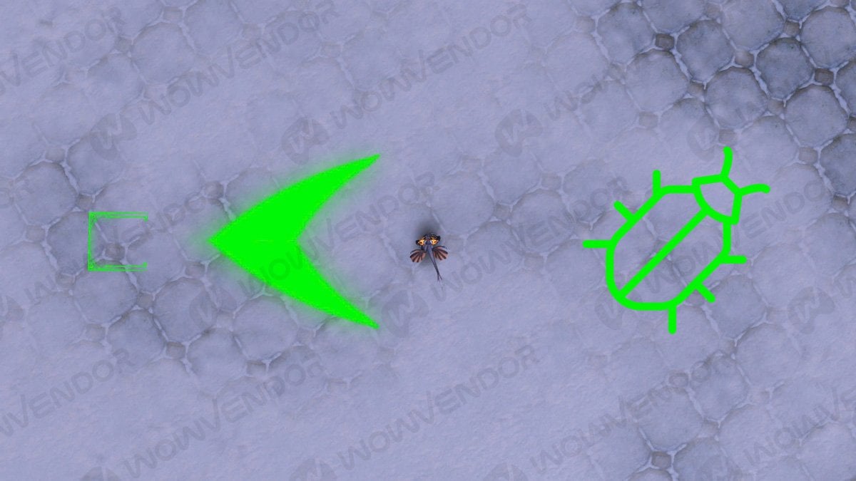 WoW green arrow bug is on the left, and a bug icon is on the right.