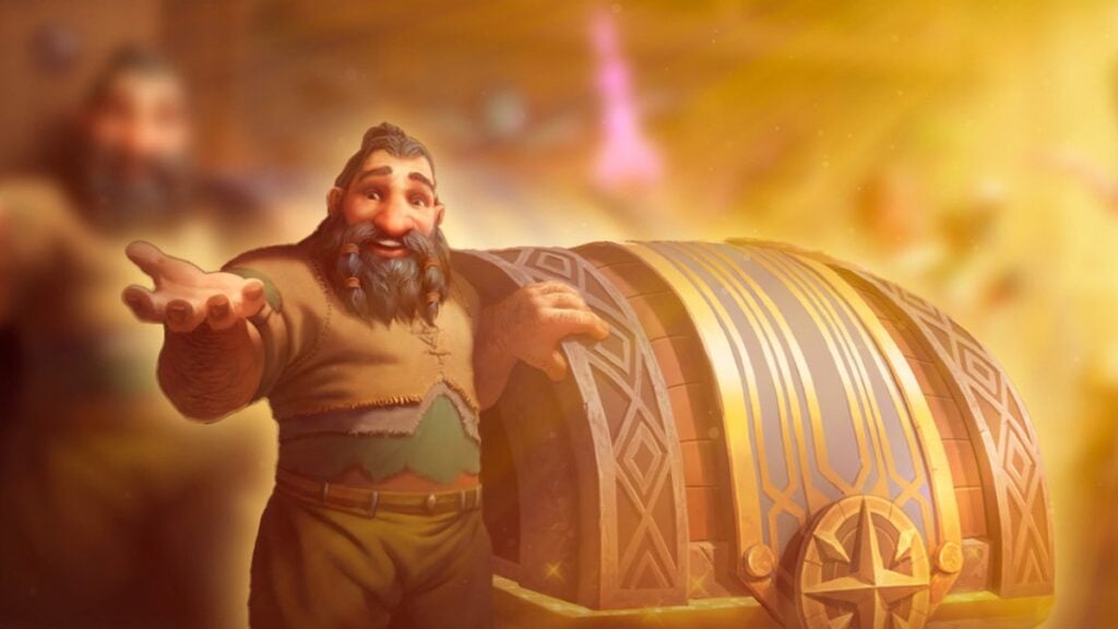 WoW Trading Post NPC standing near a big chest.