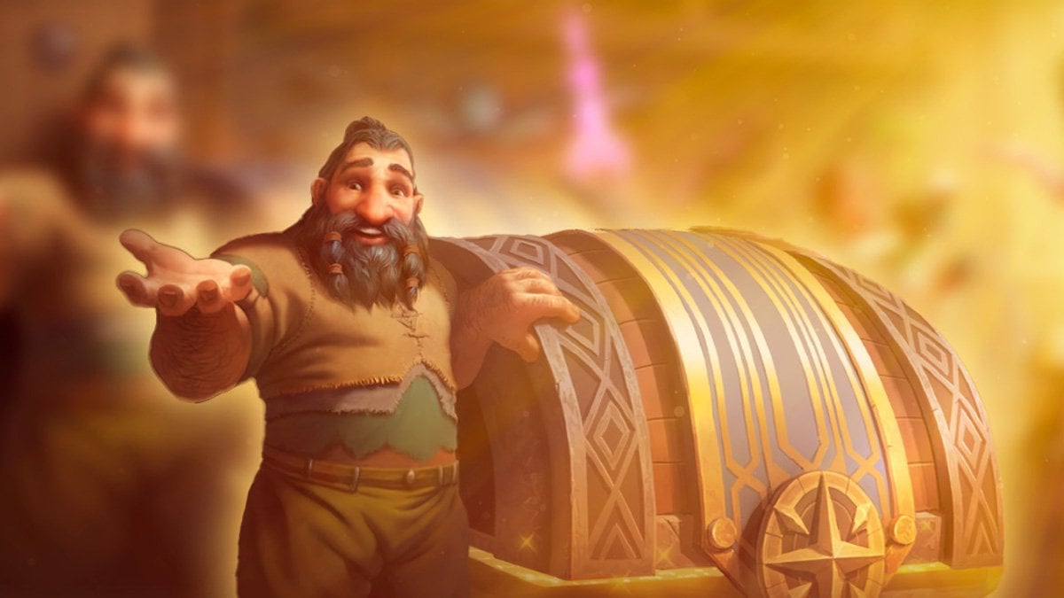 WoW Trading Post NPC standing near a big chest.