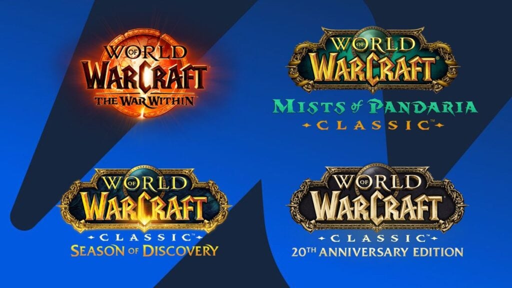 Logos of four WoW versions: The War Within, Mists of Pandaria Classic, Season of Discovery, and WoW Classic Fresh.