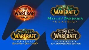 Logos of four WoW versions: The War Within, Mists of Pandaria Classic, Season of Discovery, and WoW Classic Fresh.