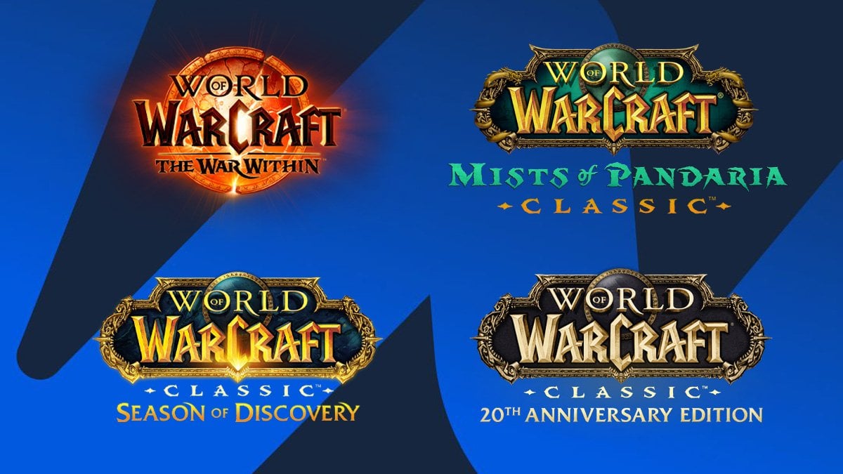 Logos of four WoW versions: The War Within, Mists of Pandaria Classic, Season of Discovery, and WoW Classic Fresh.