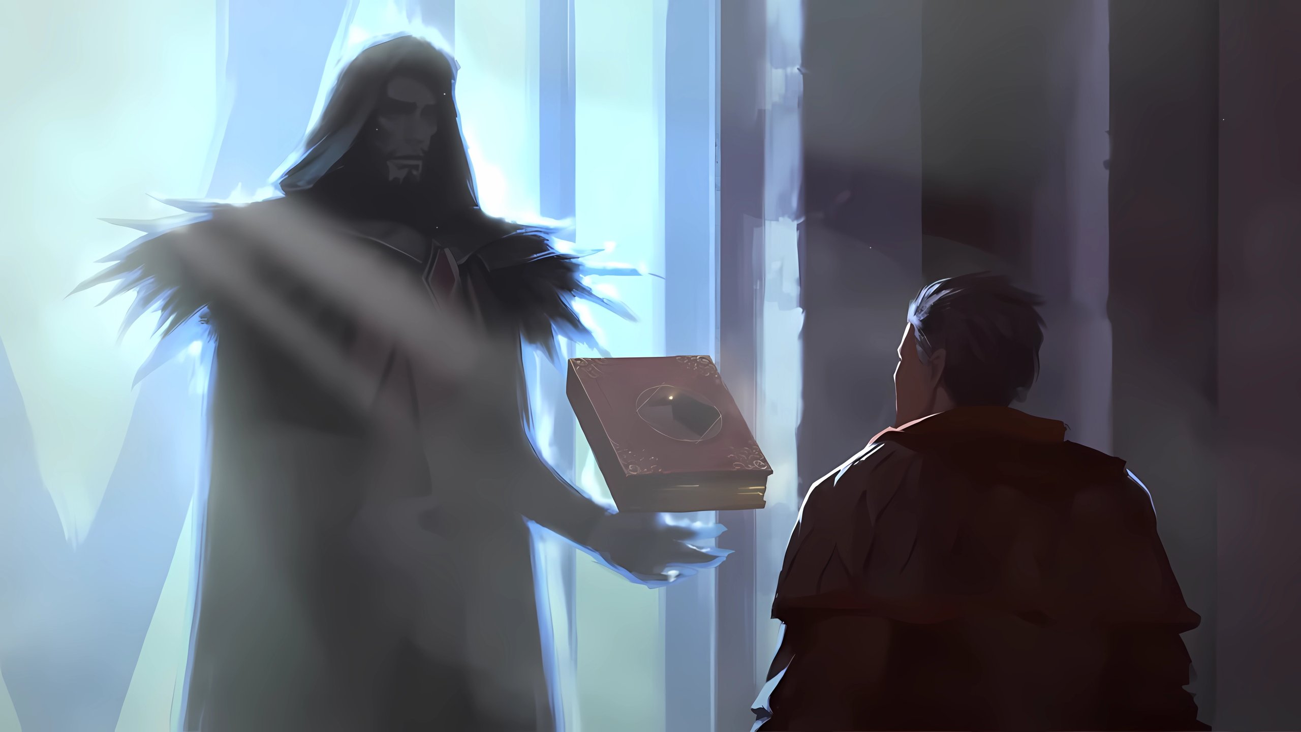 Medivh gives Khadgar a book.