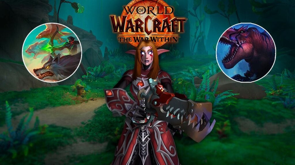 BM Hunter DPS guide in The War Within: elf Beast Hunter staying in TWW location with BM logos